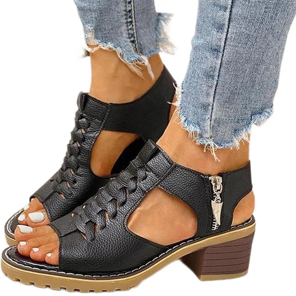 Black Leather Lace-Up Sandals with Perforated Design - Picture 1 of 6